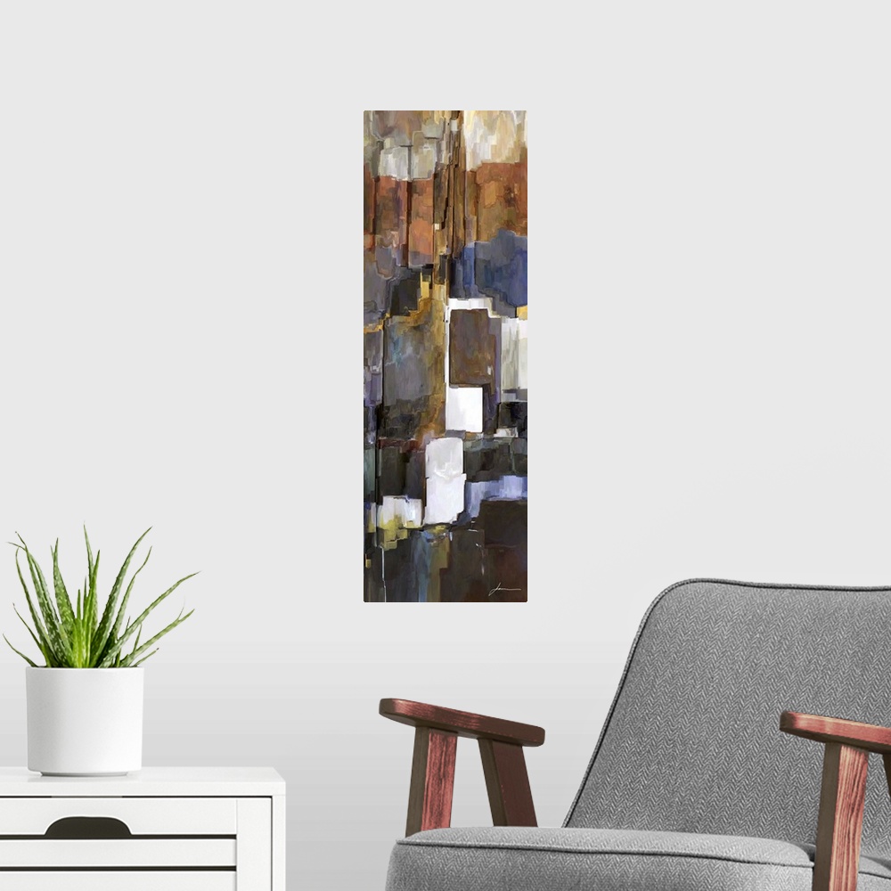 A modern room featuring Contemporary abstract artwork using earth tones and cool tones in various shapes and formations.