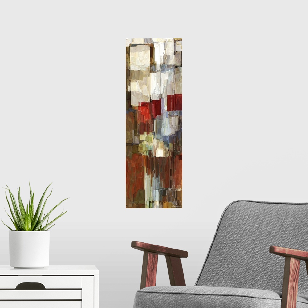 A modern room featuring Contemporary abstract artwork using earth tones and cool tones in various shapes and formations.