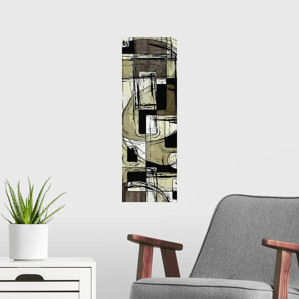 A modern room featuring Abstract artwork of organic and geometric shapes in neutral colors, with scratchy bold black lines.