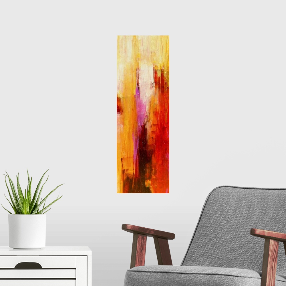A modern room featuring Vertical panoramic painting of vertical brush strokes of warm colors overlapping.