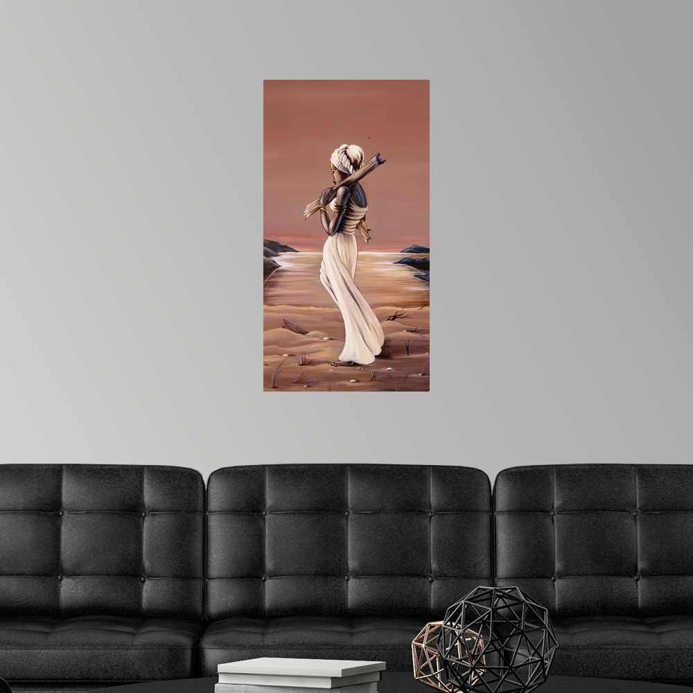 A modern room featuring Contemporary African painting of a woman walking along the beach holding a piece of driftwood.