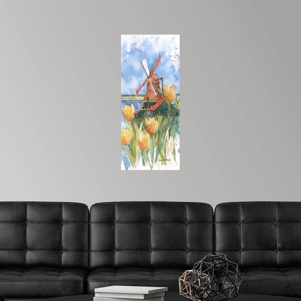 A modern room featuring Contemporary watercolor painting of flowers, with a windmill in the background.
