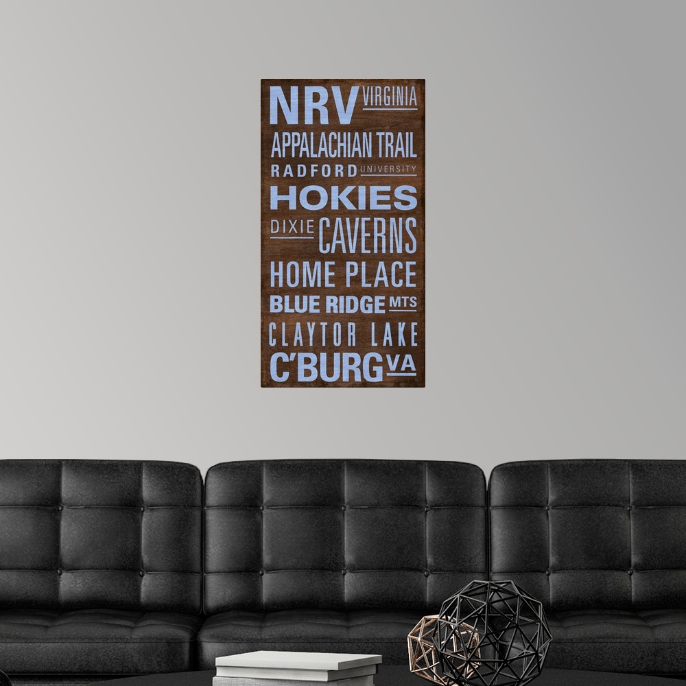 A modern room featuring Bus roll listing significant places and interests in the New River Valley, Virginia.