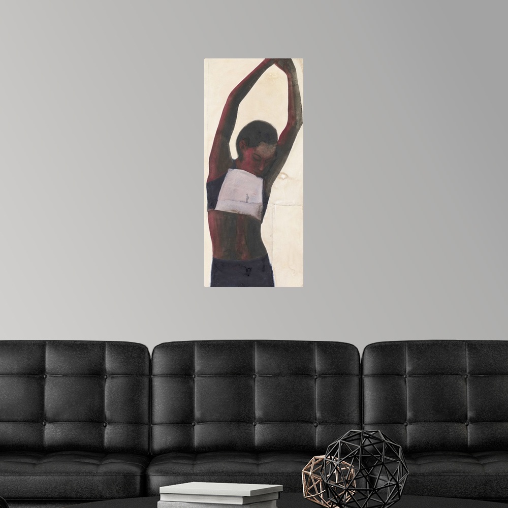A modern room featuring Contemporary watercolor painting of an athlete stretching her arms up into the air.