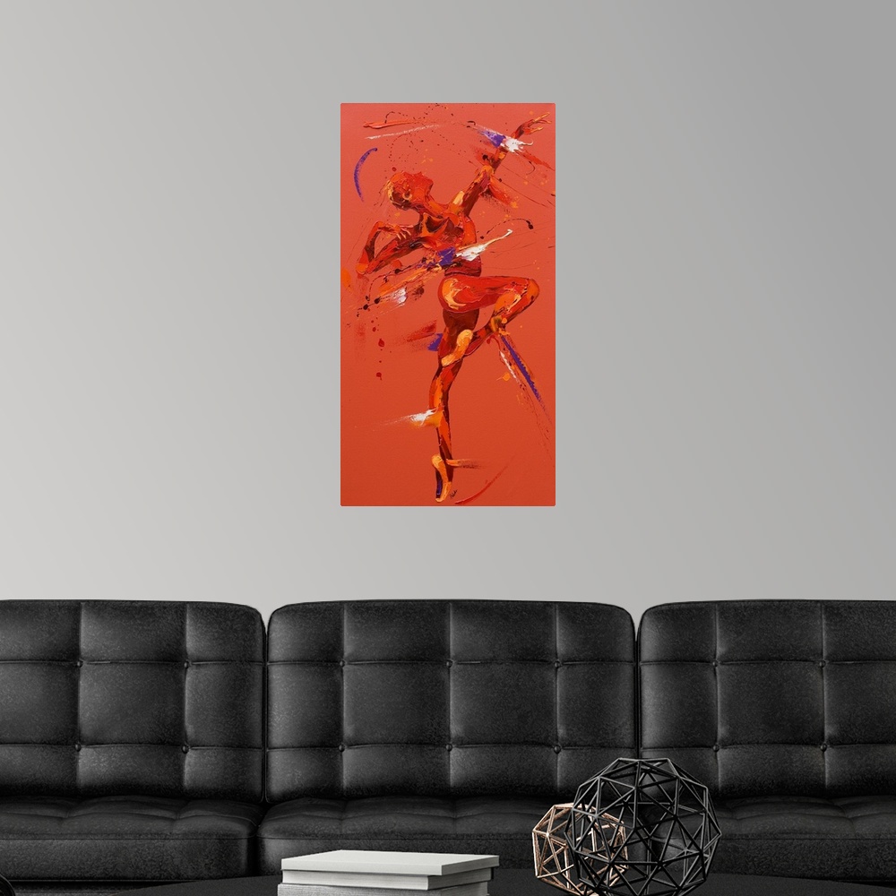 A modern room featuring Contemporary painting using warm red tones to create a dancing figure.
