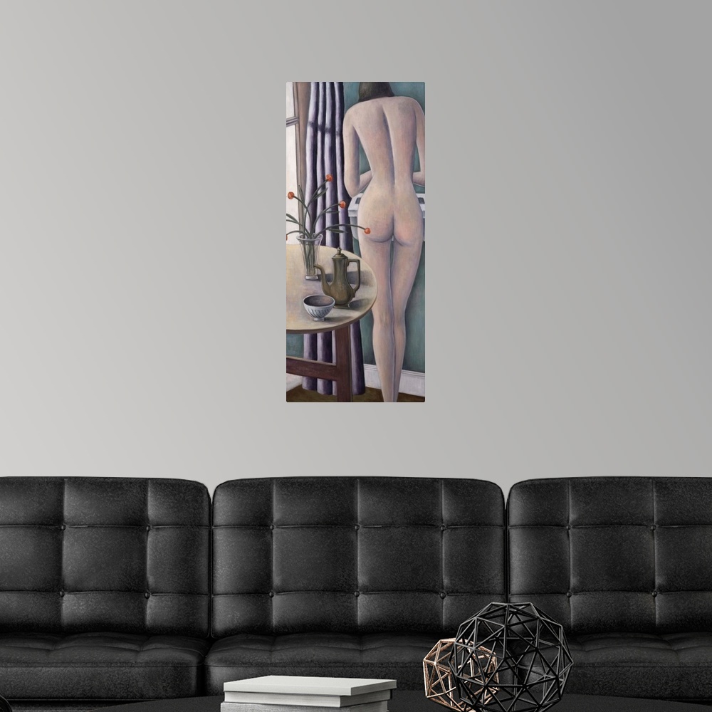 A modern room featuring Contemporary painting of a nude woman standing beside a table.