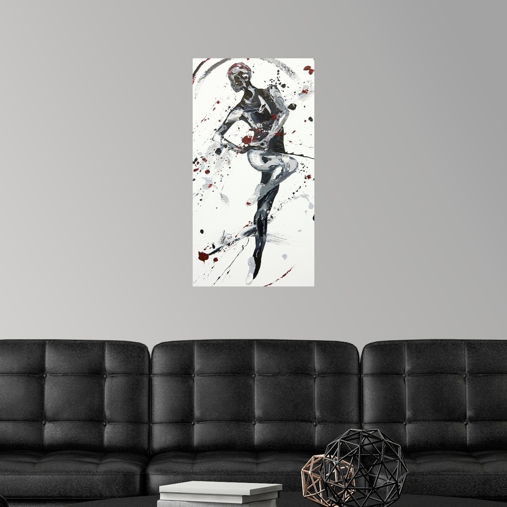 A modern room featuring Contemporary painting using black and gray tones to create a dancing figure against a white backg...