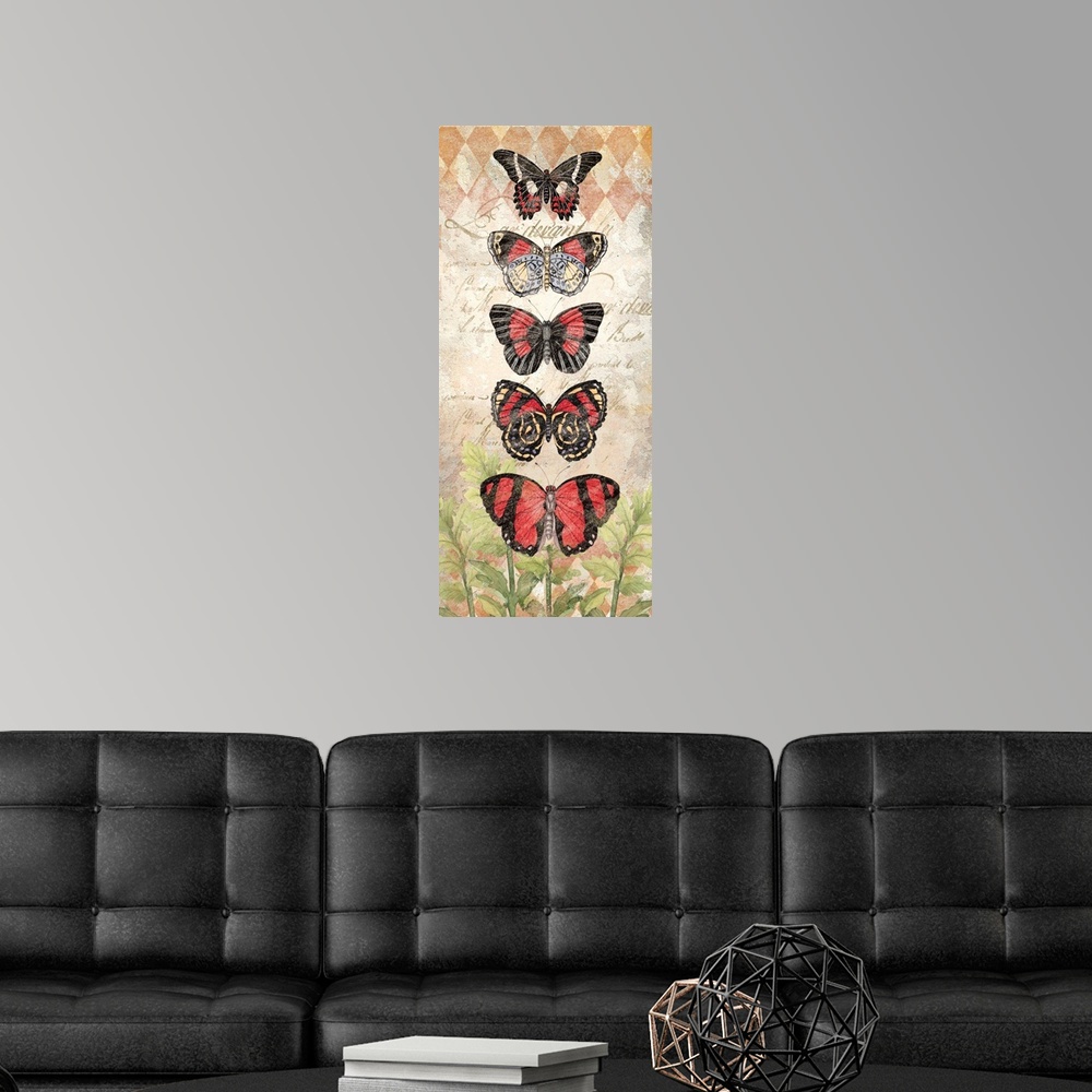 A modern room featuring A stunning vertical array of botanical Butterflies!