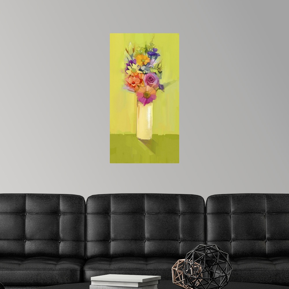 A modern room featuring Still life of white, yellow and red color flowers. Originally an oil painting a bouquet of rose, ...