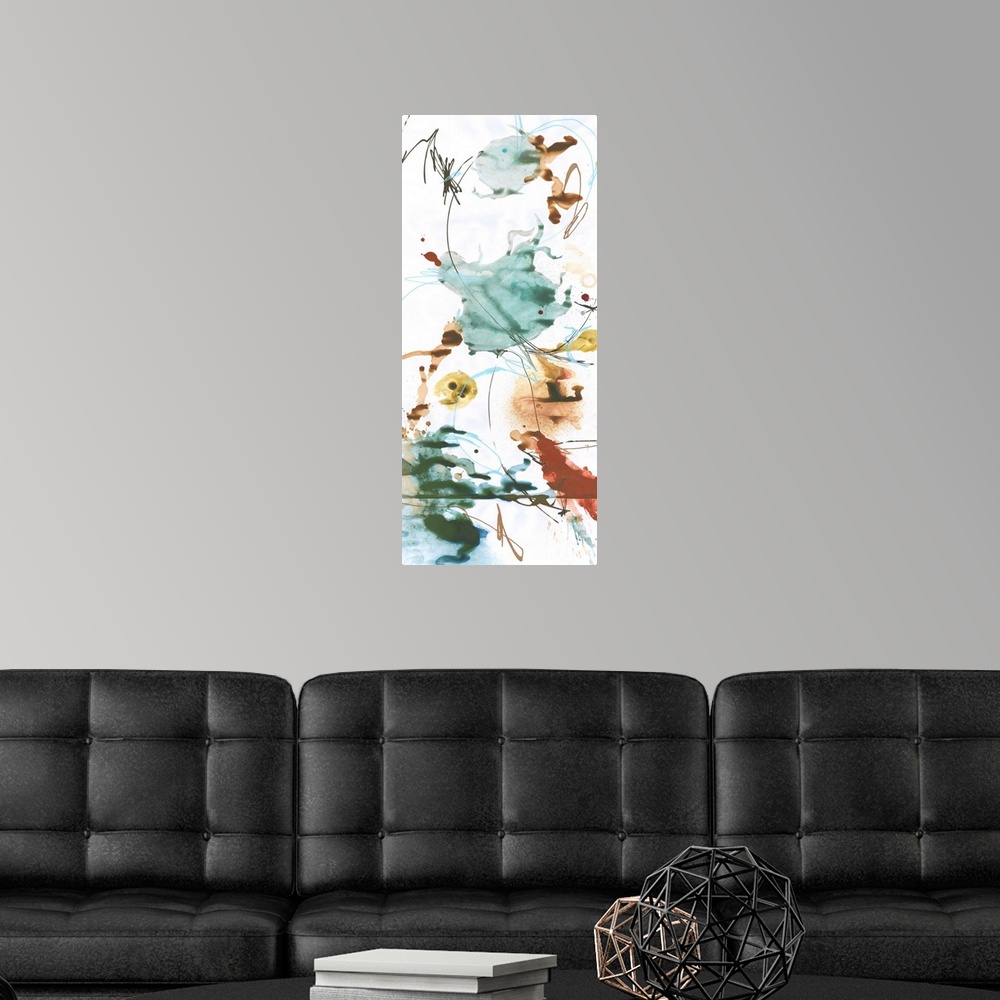 A modern room featuring Large panel abstract painting with splotches of color and thin lines on top throughout.