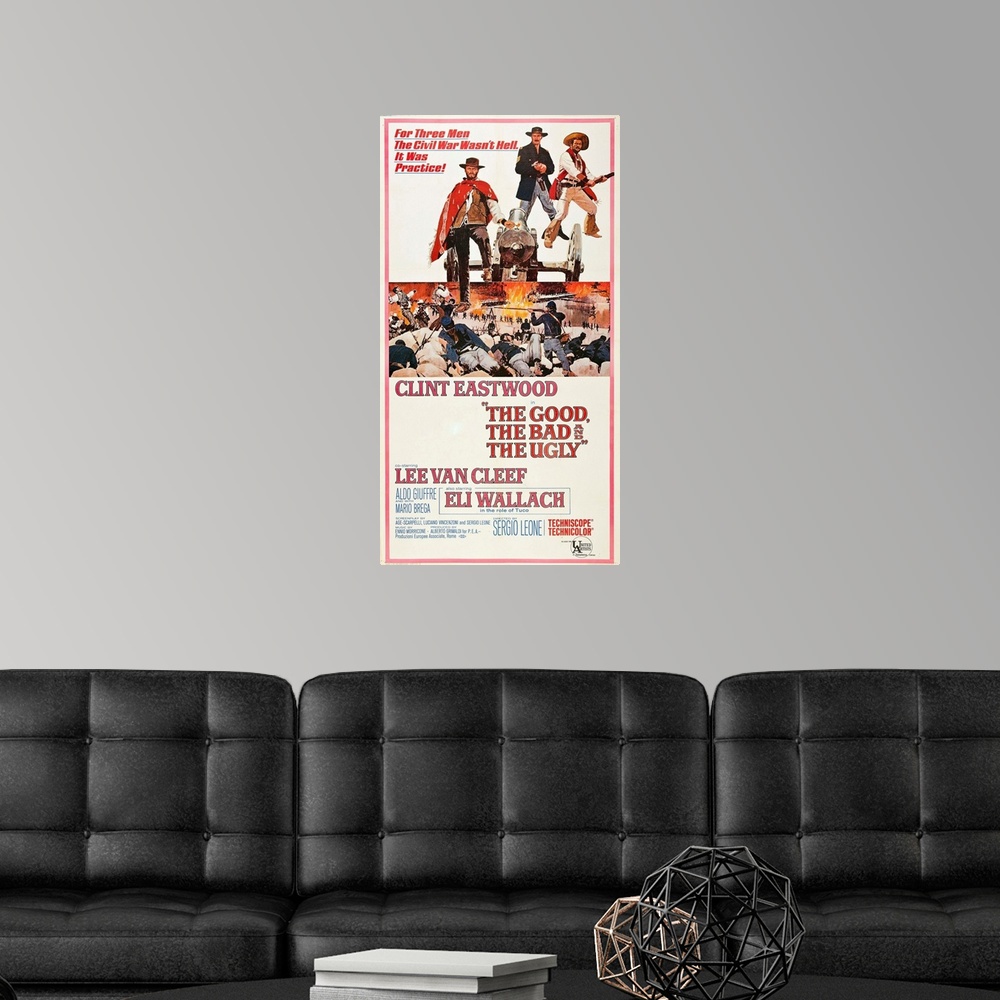 A modern room featuring The Good, The Bad, and The Ugly - Vintage Movie Poster