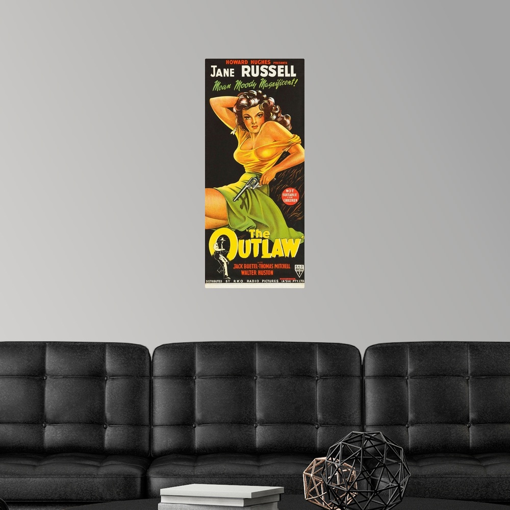 A modern room featuring The Outlaw - Vintage Movie Poster
