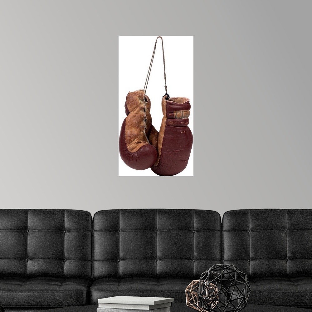 A modern room featuring A pair of brown leather boxing gloves