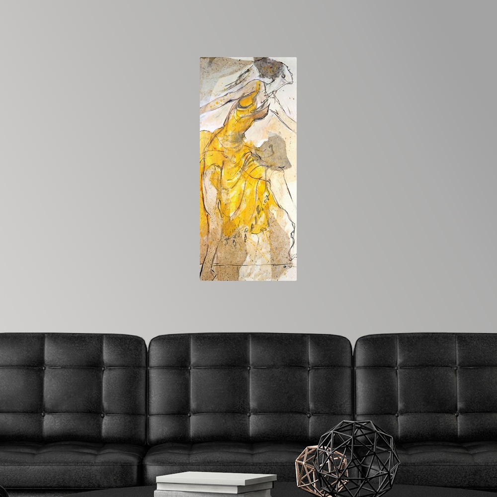 A modern room featuring Tall and narrow painting on canvas of a woman dancing.