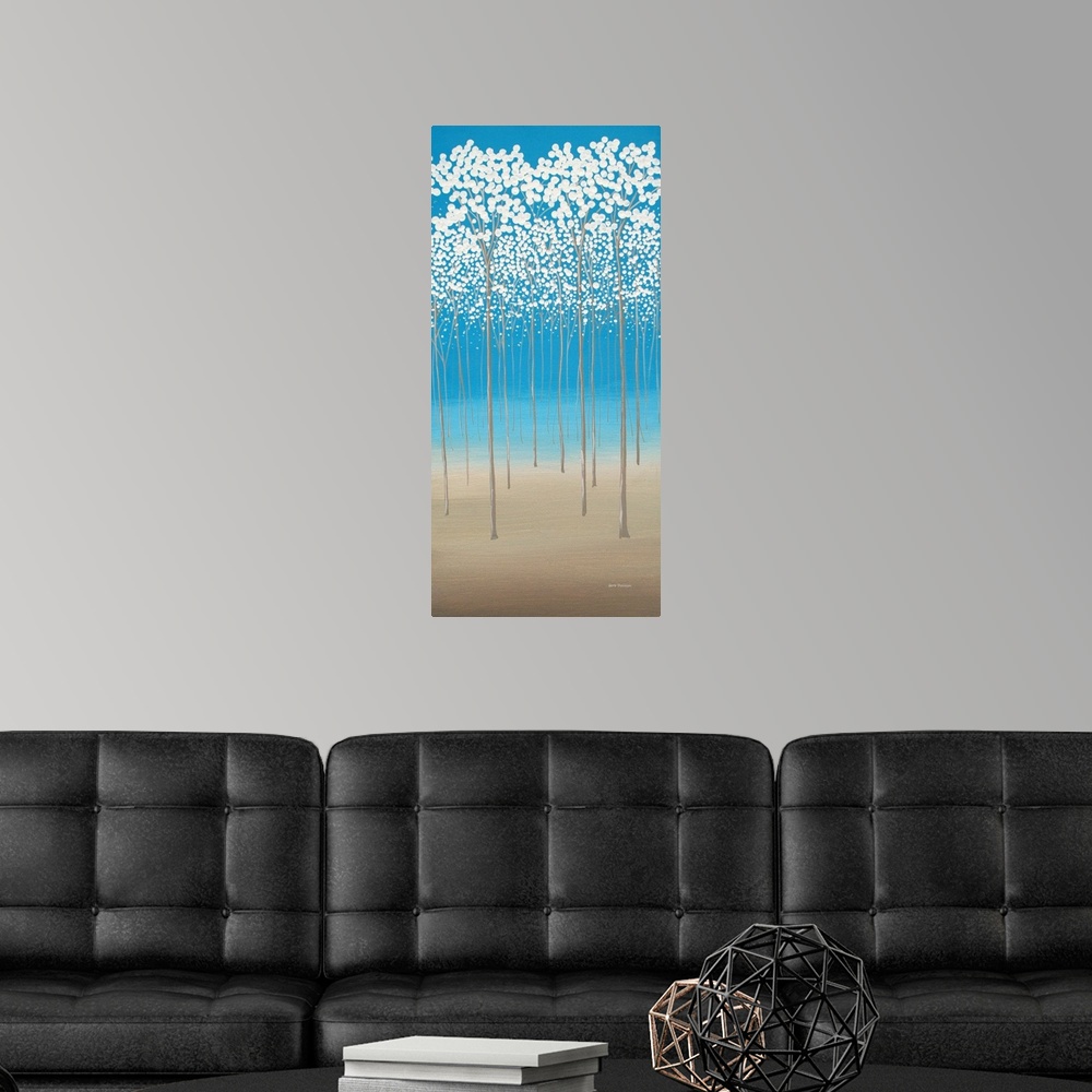 A modern room featuring Abstract trees with white blossoms on a blue and brown background.