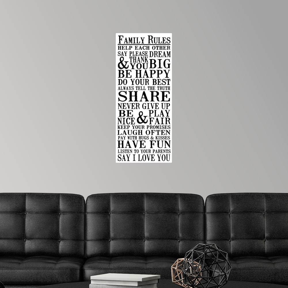 A modern room featuring Family Rules, black on white
