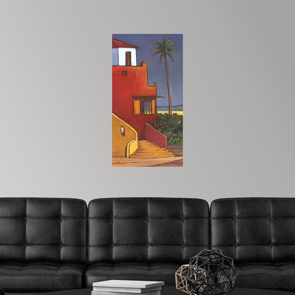 A modern room featuring Brightly colored painting of a Caribbean house with adobe walls and a palm tree.