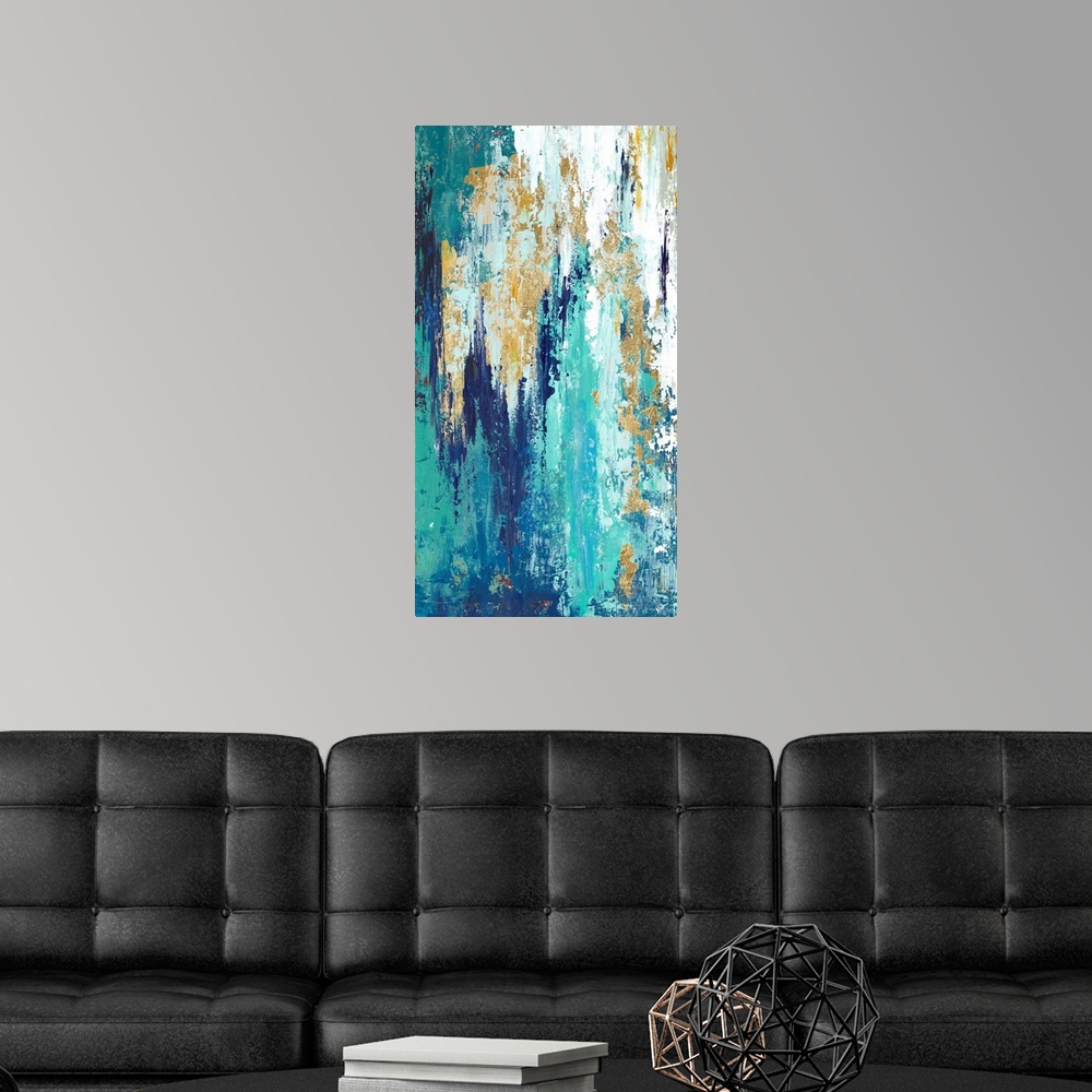 A modern room featuring Tall abstract painting with long vertical brushstrokes of color in shades of blue with some white...