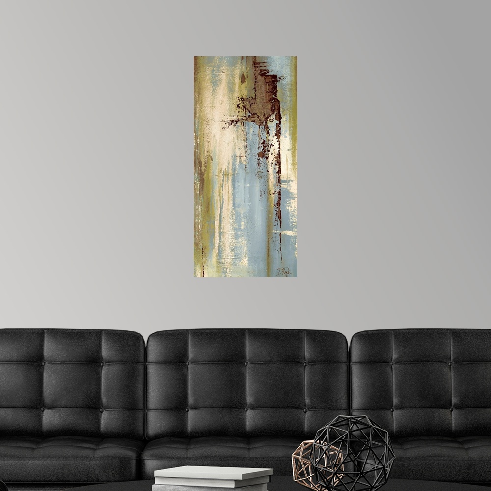 A modern room featuring Contemporary abstract painting using blue tones mixed with gray and brown in vertical streaking m...