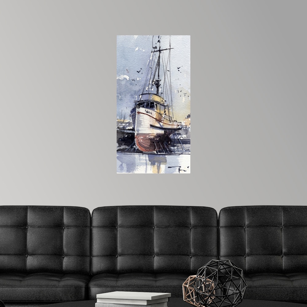 A modern room featuring Gestural brush strokes of muted watercolors illustrate a ship on land awaiting repairs.