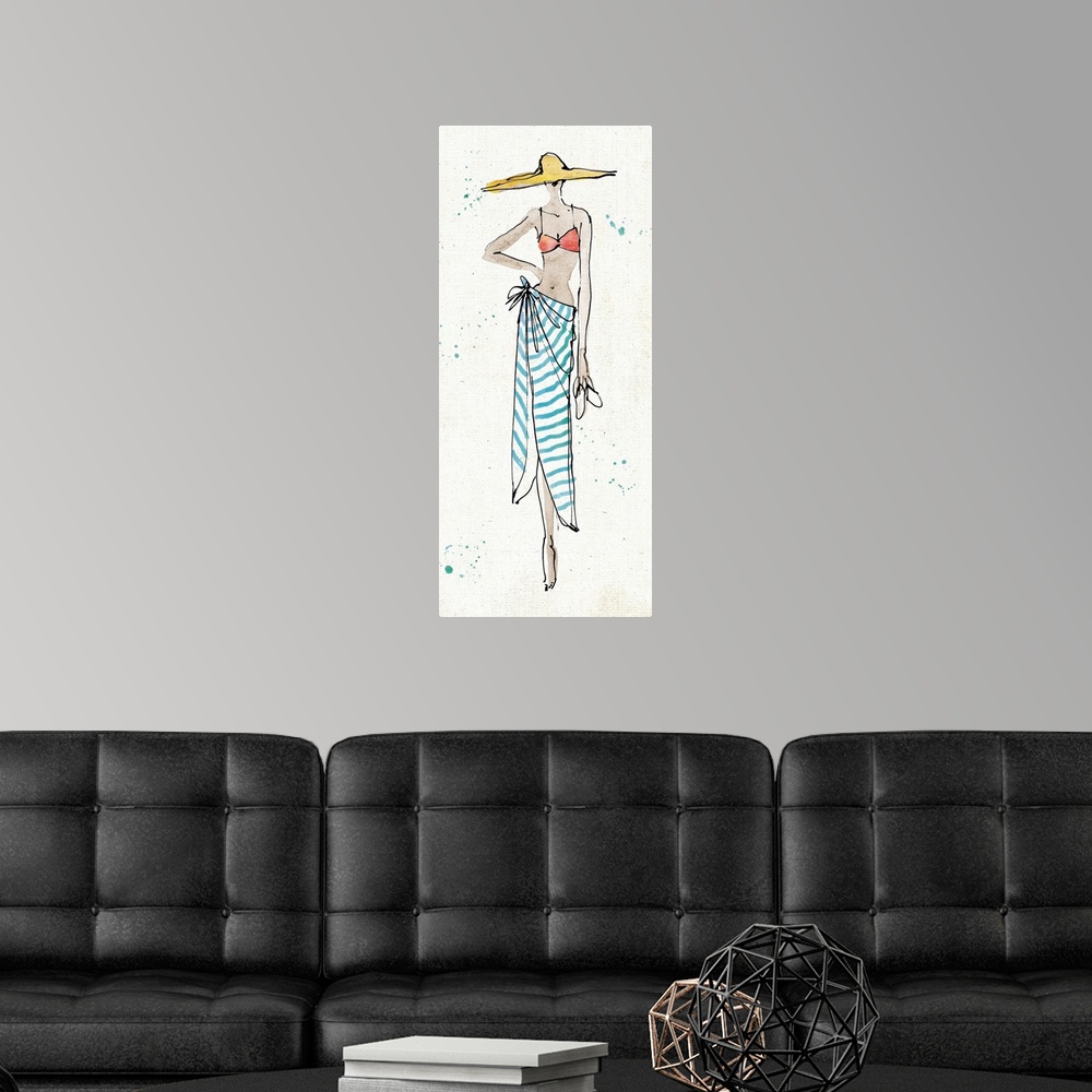 A modern room featuring Fashion drawing of a woman in a swimsuit and towel.