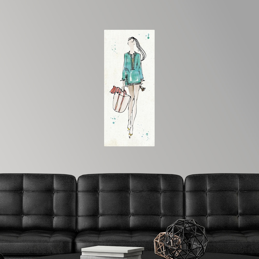 A modern room featuring Fashion drawing of a woman with a ponytail and totebag.