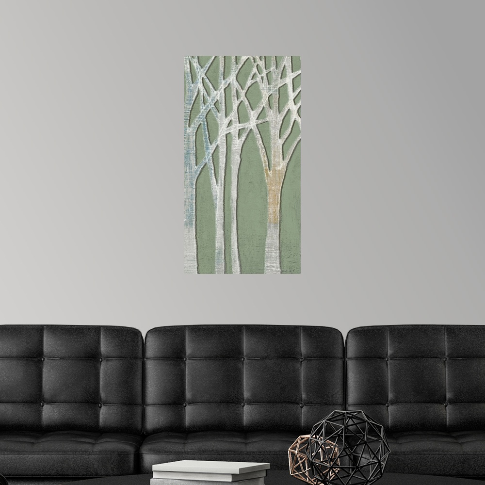 A modern room featuring Contemporary home decor art of a birch trees against a pale green background.