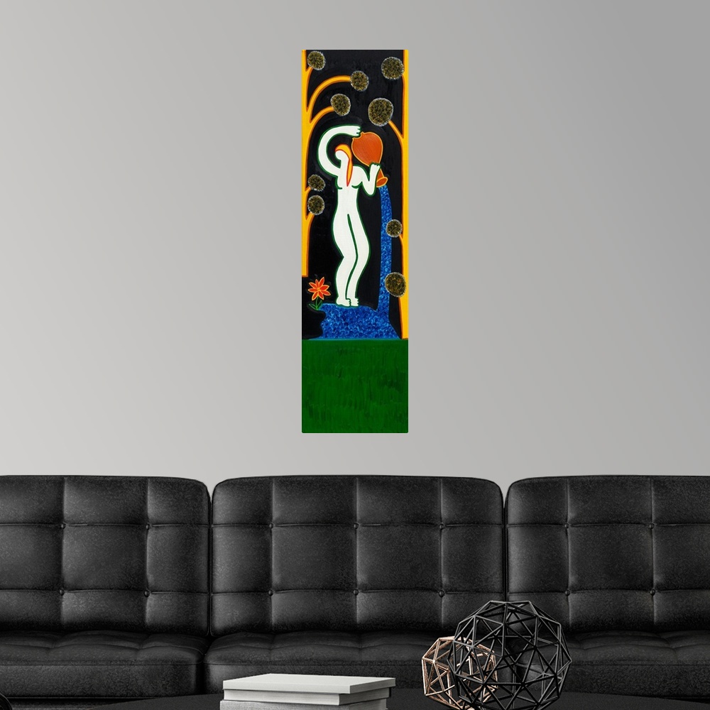 A modern room featuring Contemporary painting of a woman pouring water from an urn.