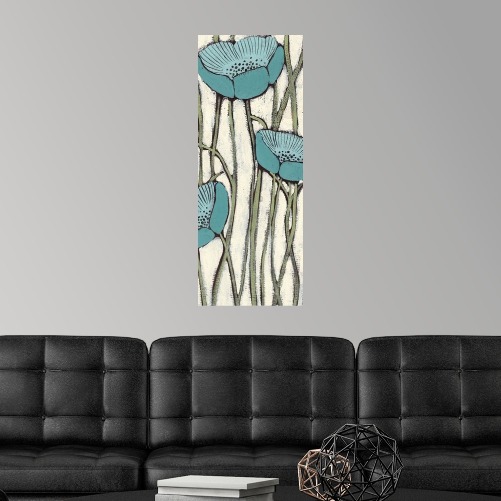 A modern room featuring Vertical painting of a group of blue poppies against a neutral backdrop.