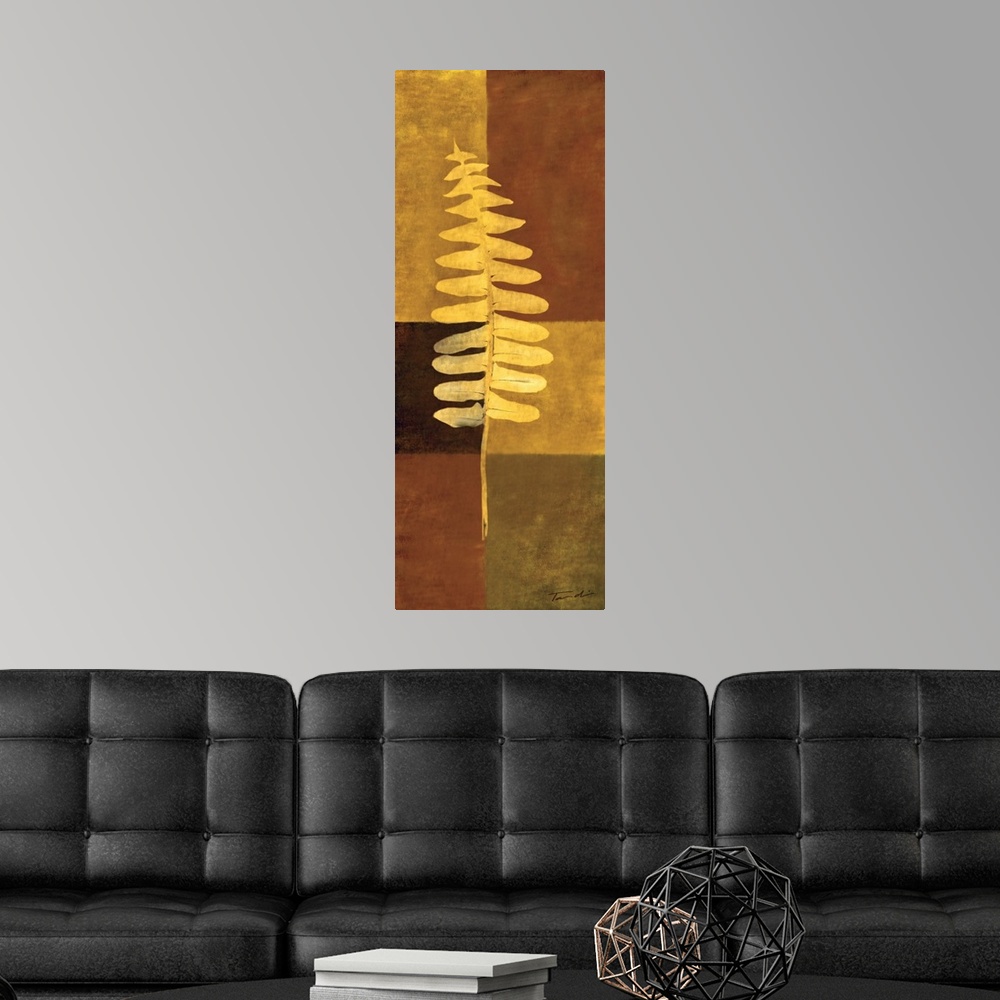 A modern room featuring Long vertical decorative art of a single fern leaf in gold with a checkered earth toned background.
