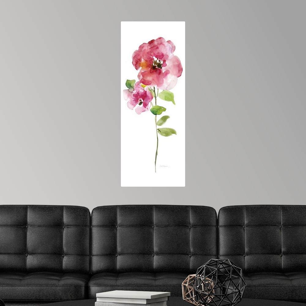 A modern room featuring Watercolor painting of a bright red flower on a white background.