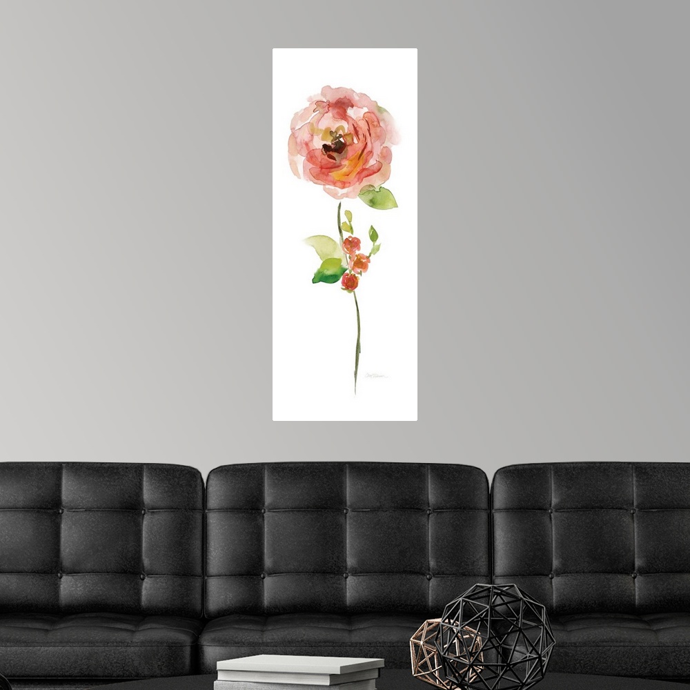 A modern room featuring Watercolor painting of a bright orange flower on a white background.