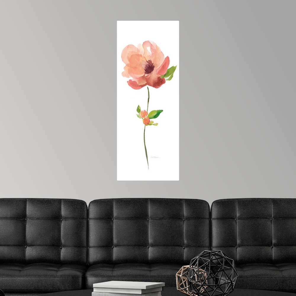 A modern room featuring Watercolor painting of a bright orange flower on a white background.