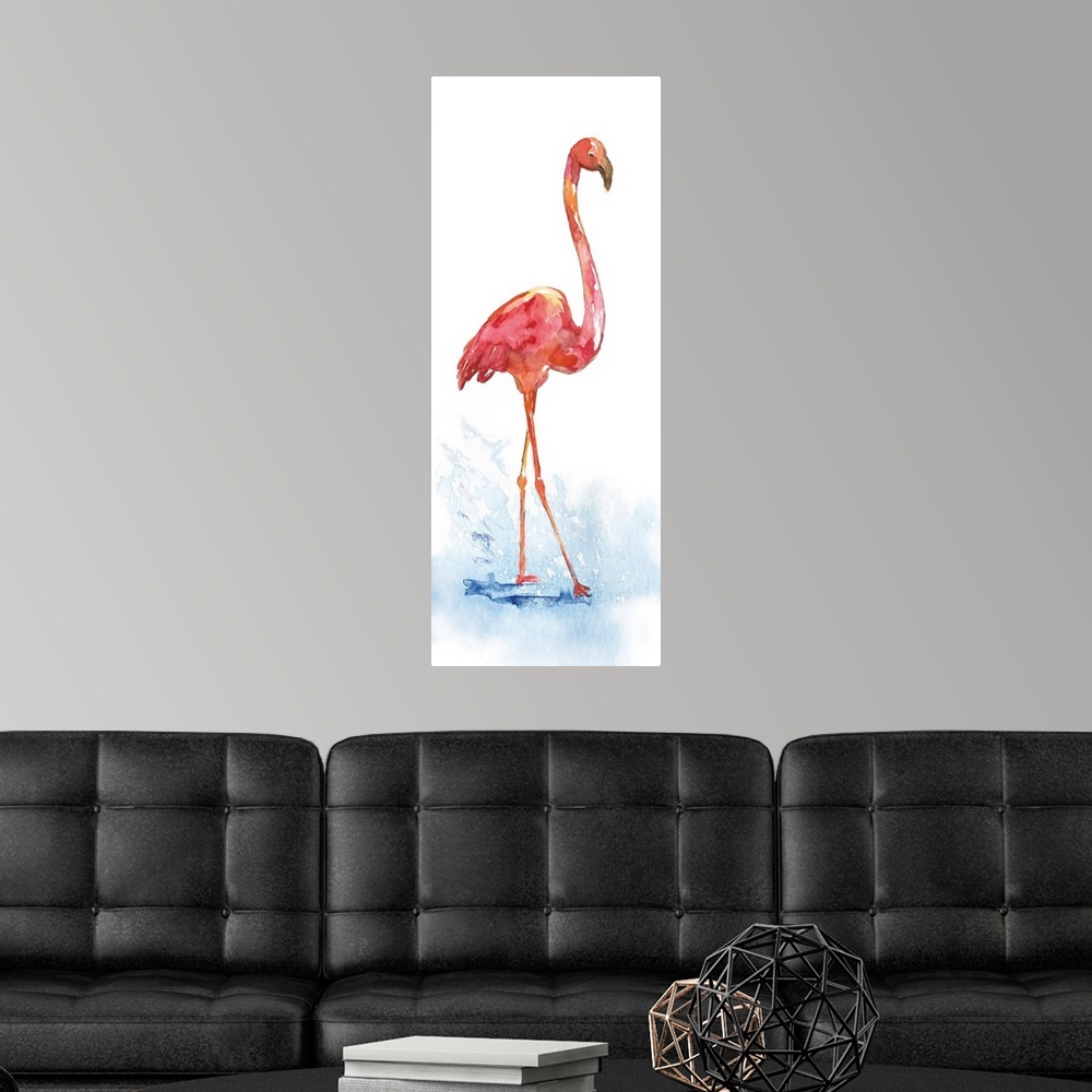 A modern room featuring Tall watercolor painting of a single pink flamingo walking through a puddle.
