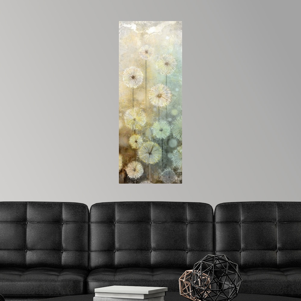 A modern room featuring Tall panel art with abstract dandelions made with blue, green, yellow and white hues.