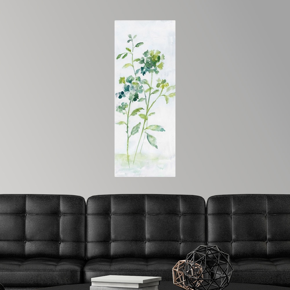 A modern room featuring Large watercolor abstract painting of flowers in shades of blue and green.