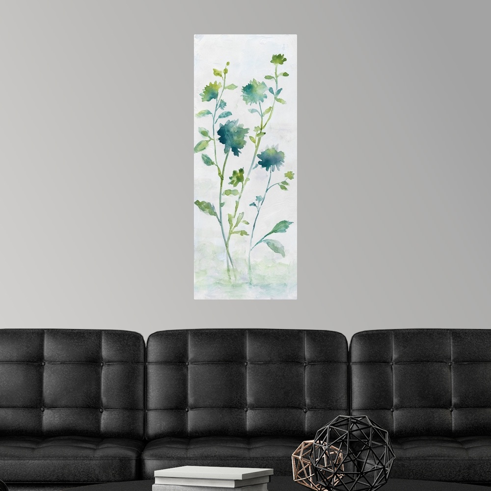 A modern room featuring Large watercolor abstract painting of flowers in shades of blue and green.