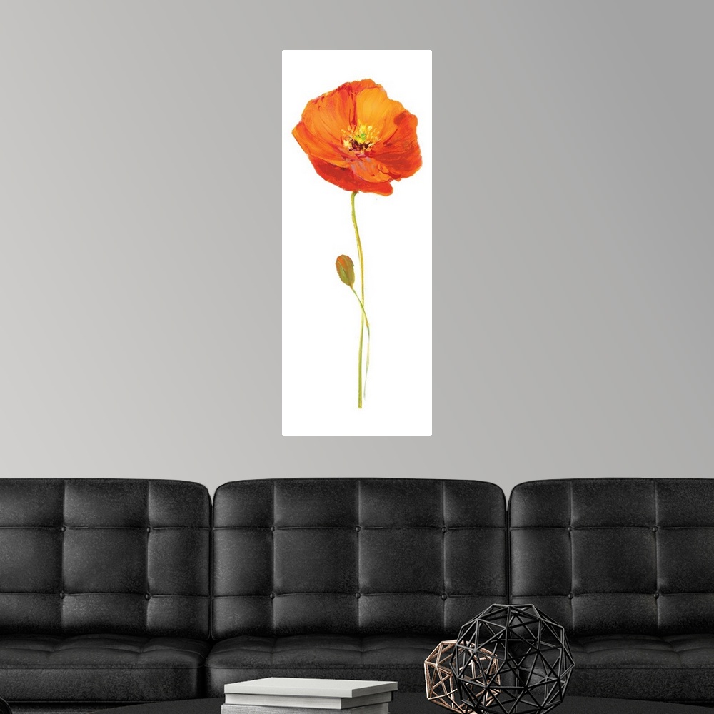 A modern room featuring Tall contemporary painting of an orange poppy flower with a long stem on a solid white background.