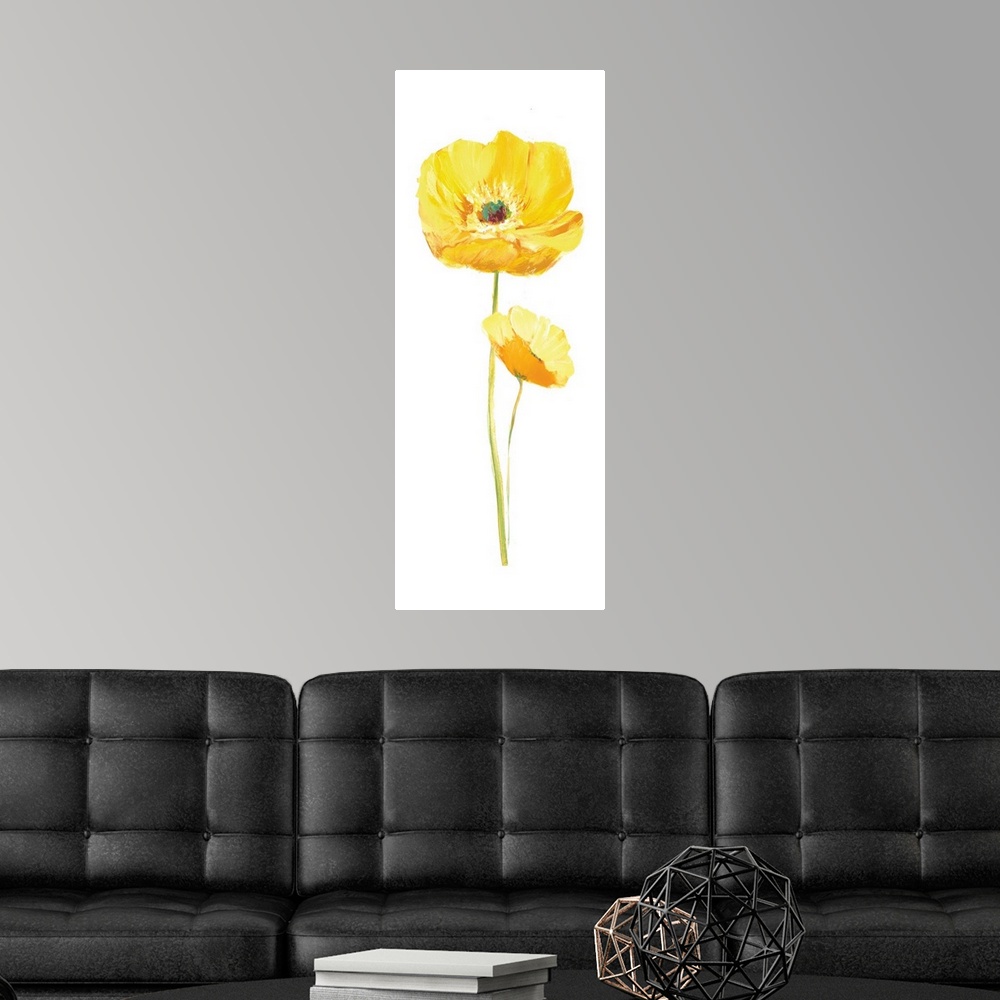 A modern room featuring Tall contemporary painting of two yellow poppy flowers with a long stem on a solid white background.