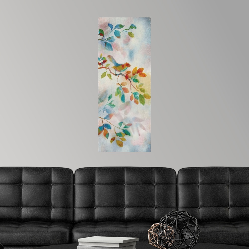 A modern room featuring Tall painting of colorful branches and leaves with a bird perched in the middle.