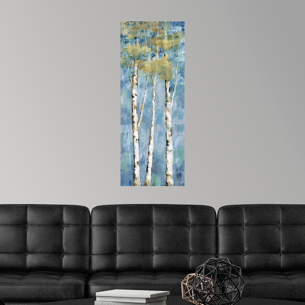 A modern room featuring Tall panel painting of birch treed with metallic gold leaves and markings on a blue and green bac...