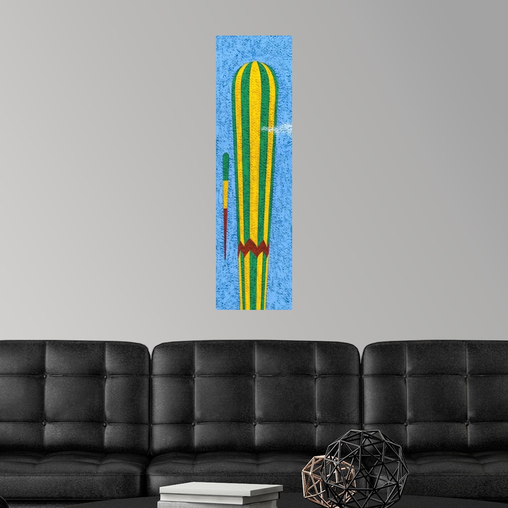 A modern room featuring Contemporary painting of a tall yellow and green striped hot air balloon against a blue sky.