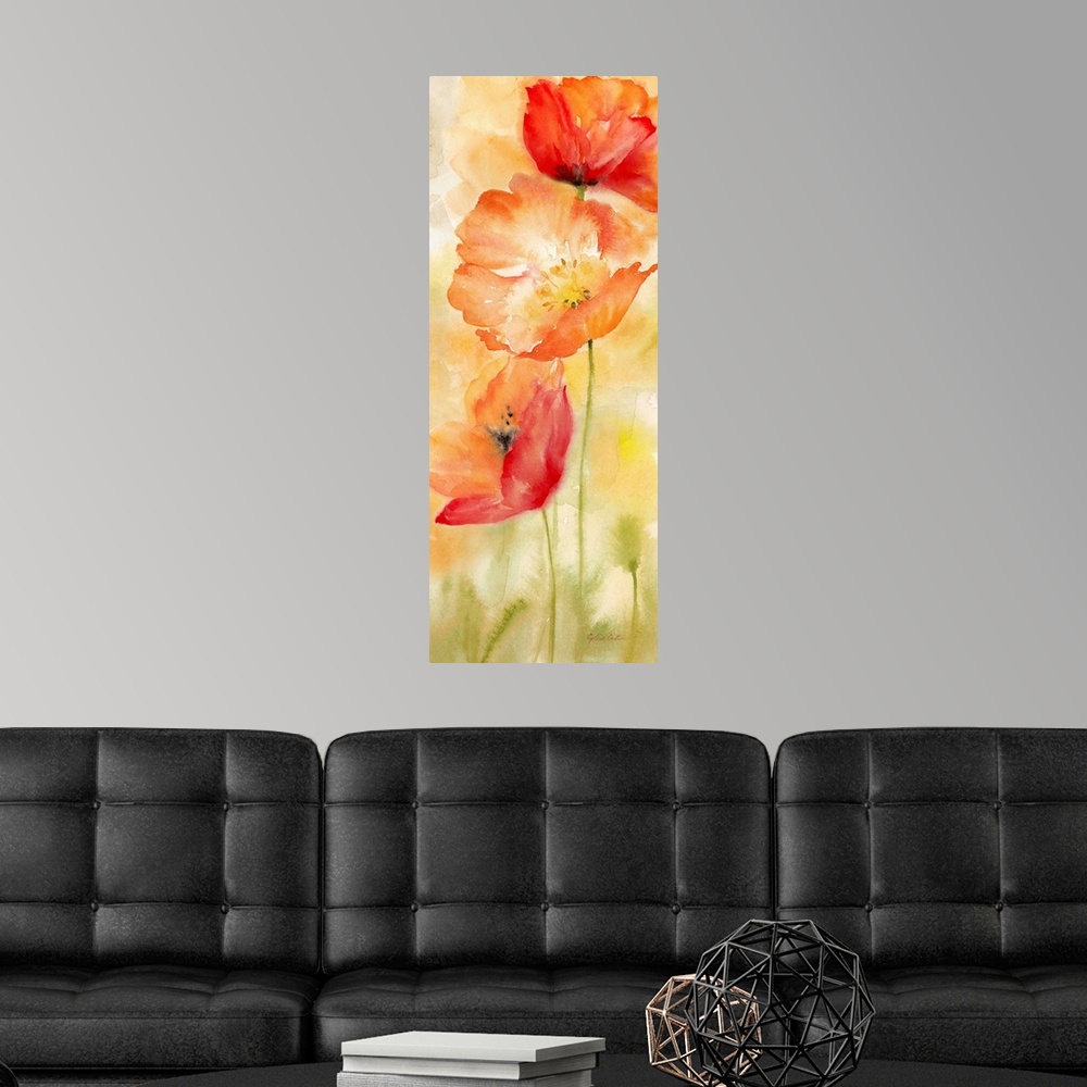 A modern room featuring A bright watercolor painting of red, orange and yellow poppies against a faded orange and green b...