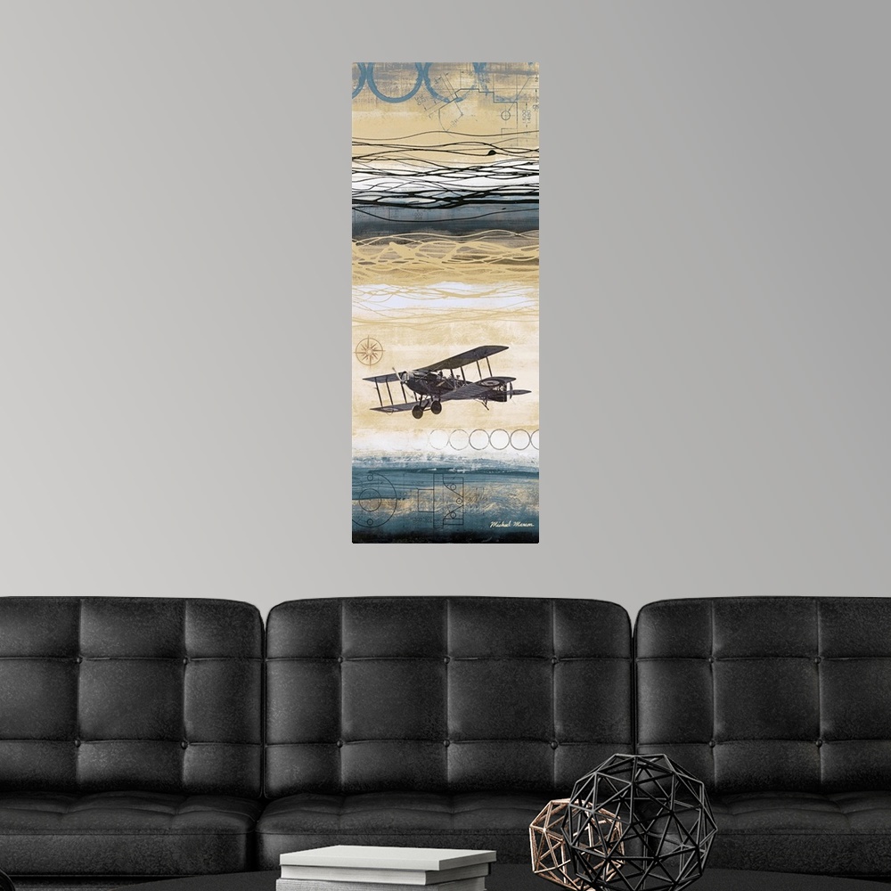 A modern room featuring This vertical piece uses mostly cooler toned designs toward the top and very bottom of the print....