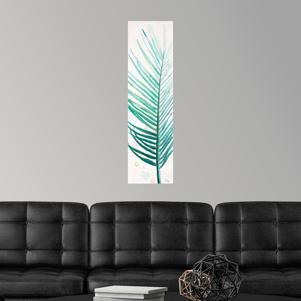 A modern room featuring Tall watercolor painting of a green-blue palm leaf with light colorful paint spatter on the white...