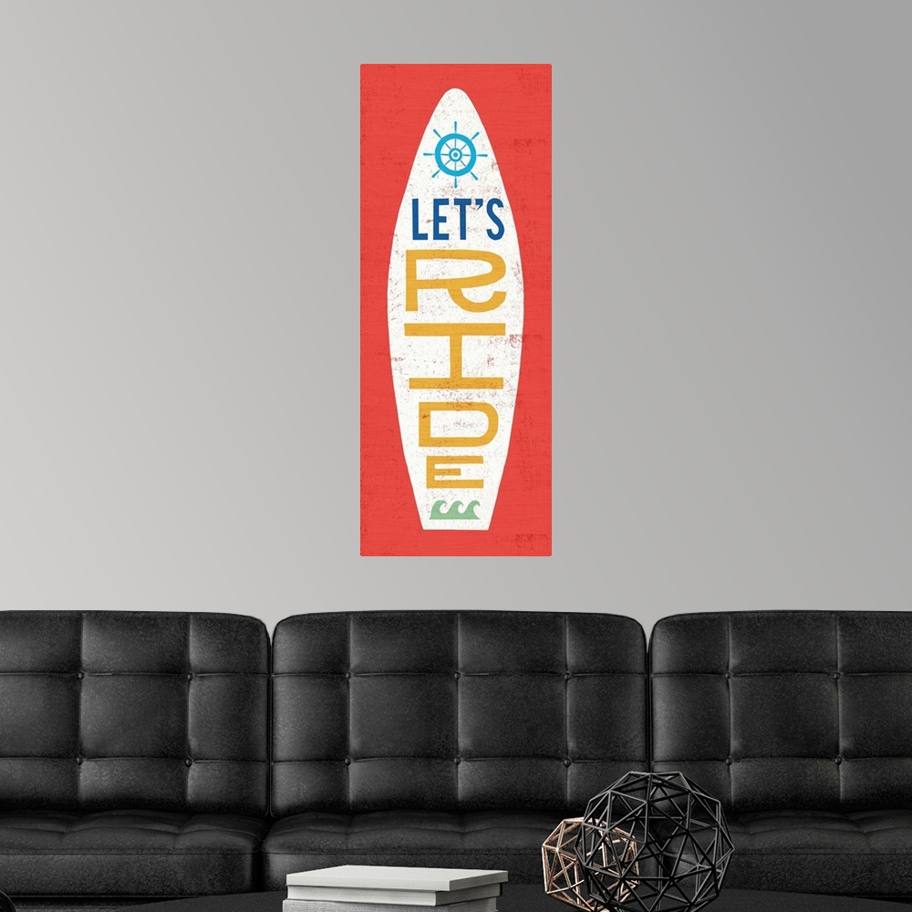 A modern room featuring "Let's Ride" surfboard decorated with waves and a helm on a red background.