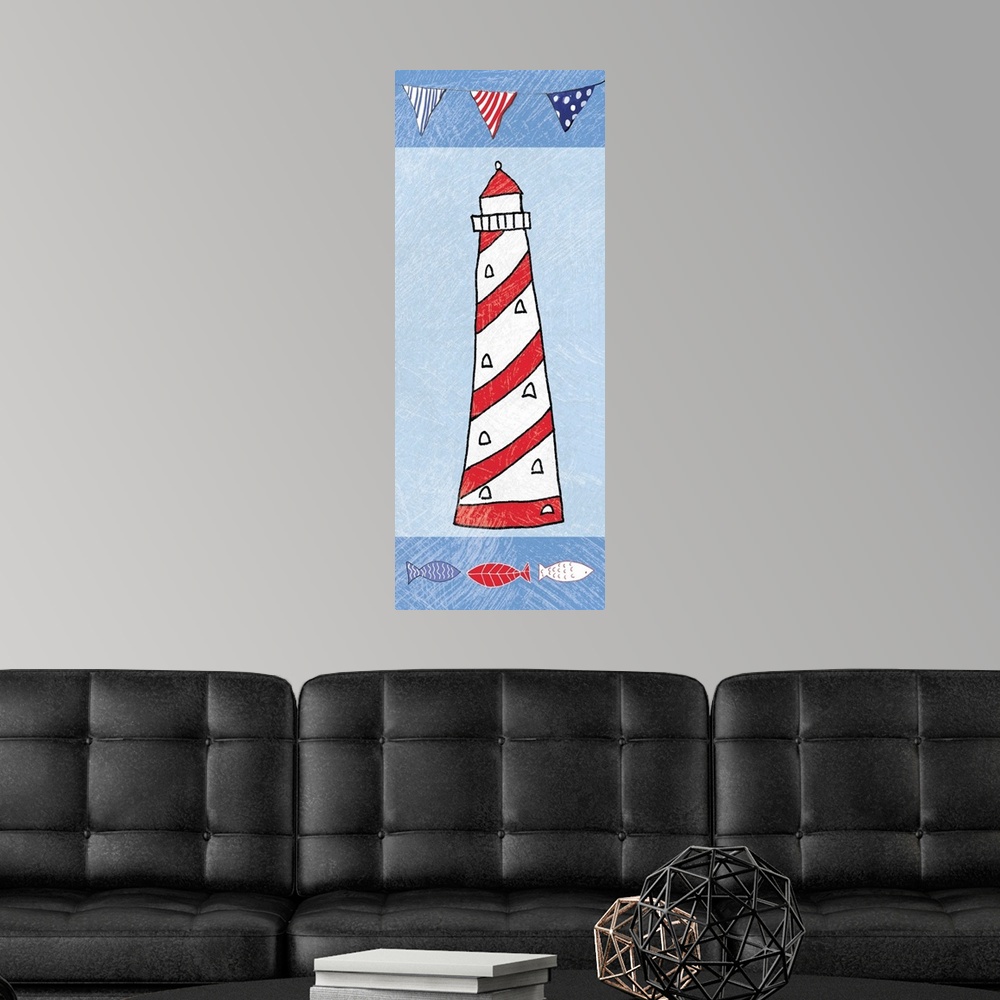 A modern room featuring A vertical digital illustration of a white and red lighthouse with a textured effect.
