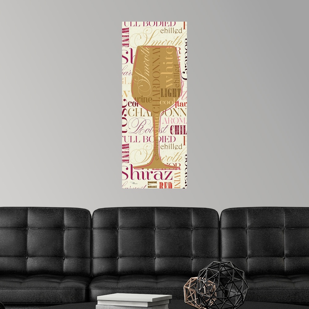 A modern room featuring Contemporary artwork of a white wine glass against a background of text.