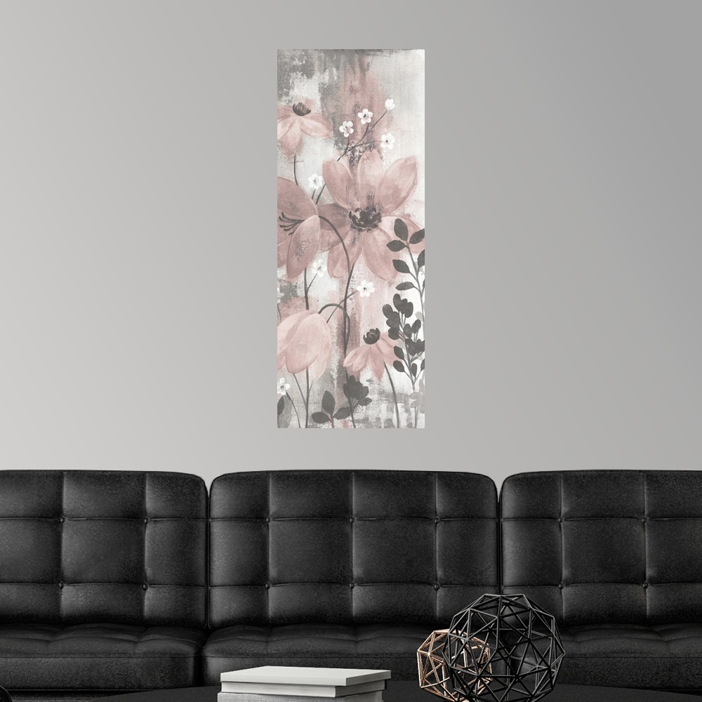 A modern room featuring Contemporary artwork of pink flowers over a distressed gray background.