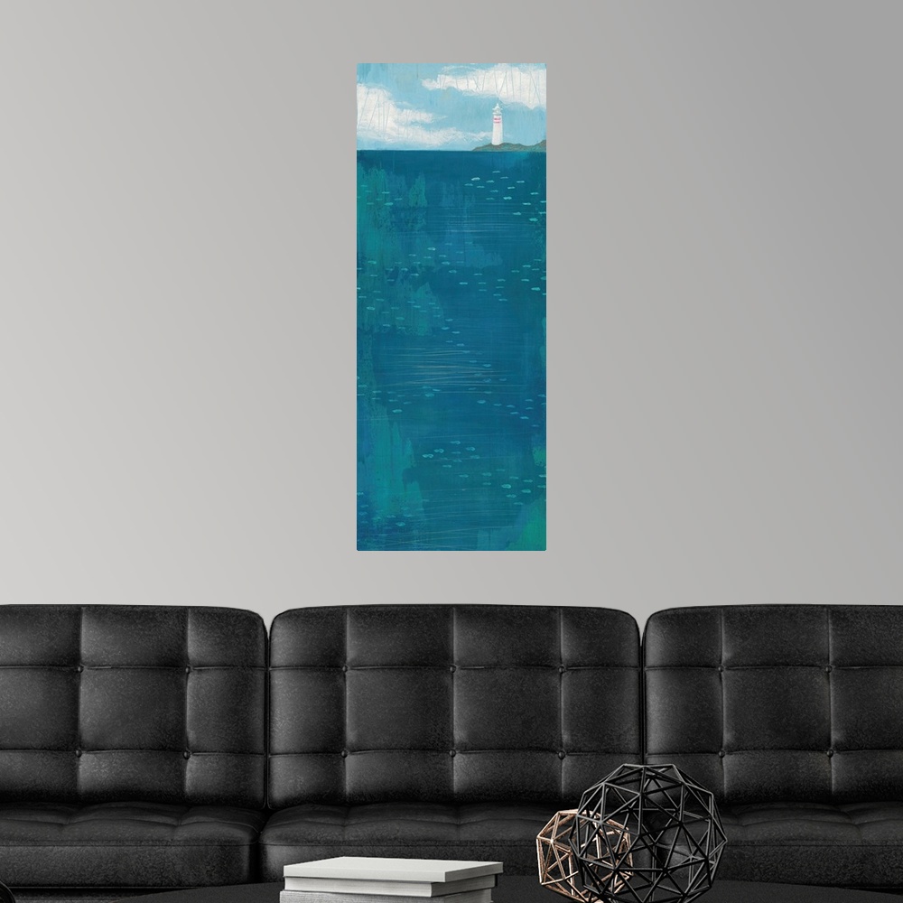 A modern room featuring Contemporary artwork of a lighthouse seen in the distance across a dark blue sea.